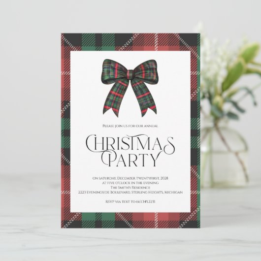 Rustieke Gingham Kerstfeest Uitnodiging (Staand voorkant)