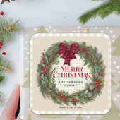 Rustieke Gingham Krans Familienaam Kerstmis Vierkante Sticker