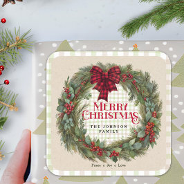 Rustieke Gingham Krans Familienaam Kerstmis Vierkante Sticker