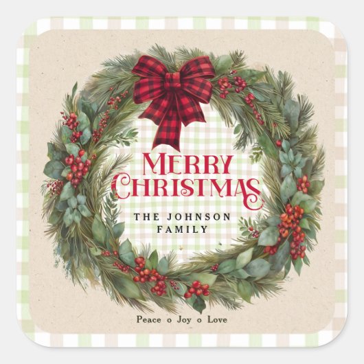 Rustieke Gingham Krans Familienaam Kerstmis Vierkante Sticker (Voorkant)