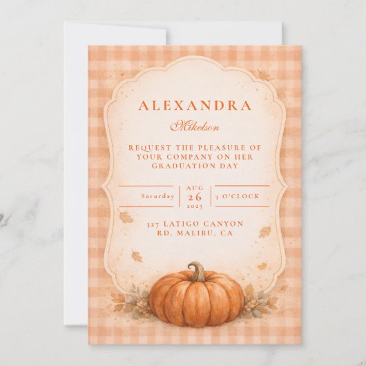 Rustieke Gingham Pompoen Herfst Afstuderen Kaart (Voorkant)