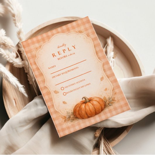 Rustieke Gingham Pompoen Herfst Bruiloft RSVP Kaartje
