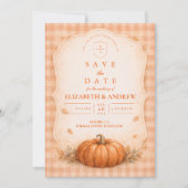 Rustieke Gingham Pompoen Herfst Bruiloft Save The Date (Voorkant)