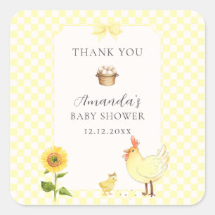 Rustieke Gingham Zonnebloem Kuiken Baby Shower Vierkante Sticker