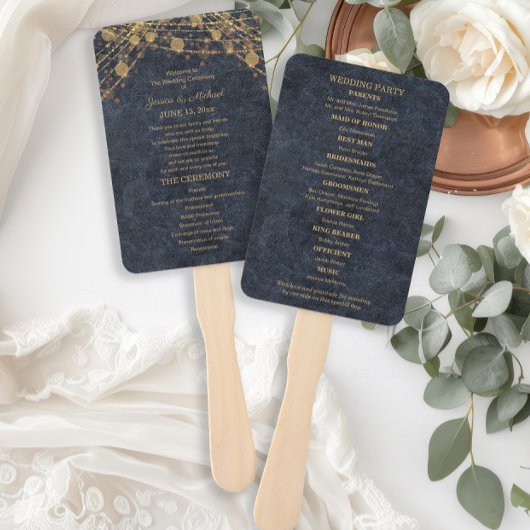 Rustieke Glam Blauwe Gouden Huwelijksprogramma Handwaaier