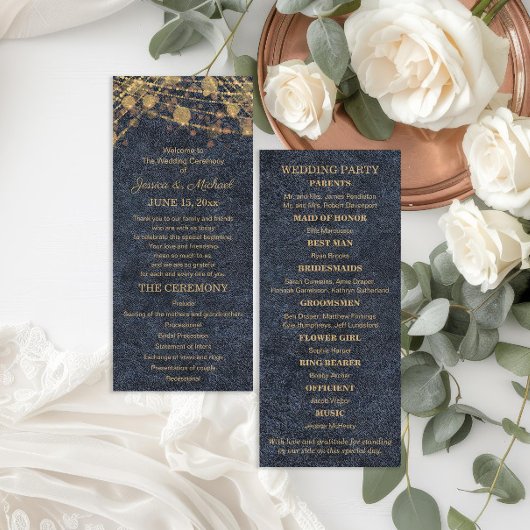 Rustieke Glam Blauwe Gouden Huwelijksprogramma Programmakaart
