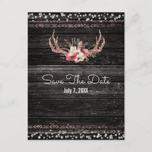 Rustieke Glam Bloemen & Geweien Boho Save the Date Aankondigingskaart (Voorkant)