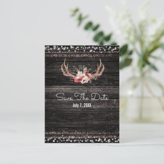 Rustieke Glam Bloemen & Geweien Boho Save the Date Aankondigingskaart (Staand voorkant)