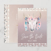 Rustieke Glam Boho Bloem Koeschedel Bewaar de Datu Aankondigingskaart (Voorkant / Achterkant)