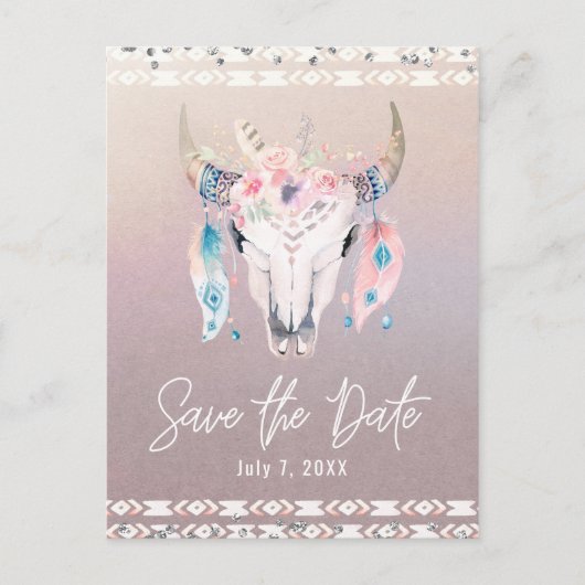 Rustieke Glam Boho Bloem Koeschedel Bewaar de Datu Aankondigingskaart (Voorkant)