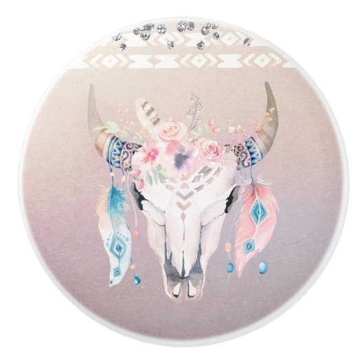Rustieke Glam Boho Bloem Koeschedel Iridiserend Keramische Knop (Voorkant)