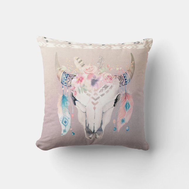 Rustieke Glam Boho Bloemkoe Skull & Veren Kussen (Voorkant)