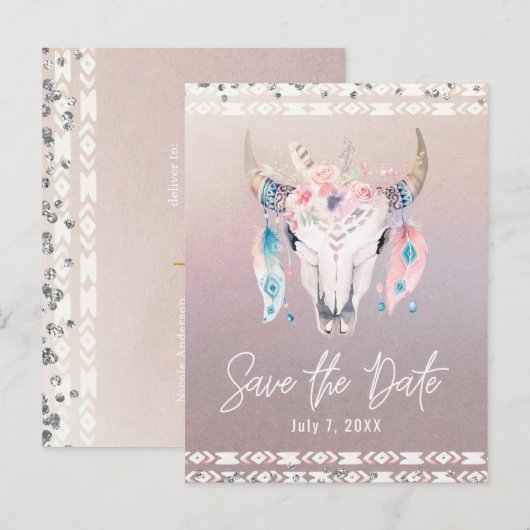 Rustieke Glam Boho Bloemrijke Koeien Schedel Save  Aankondigingskaart (Voorkant / Achterkant)