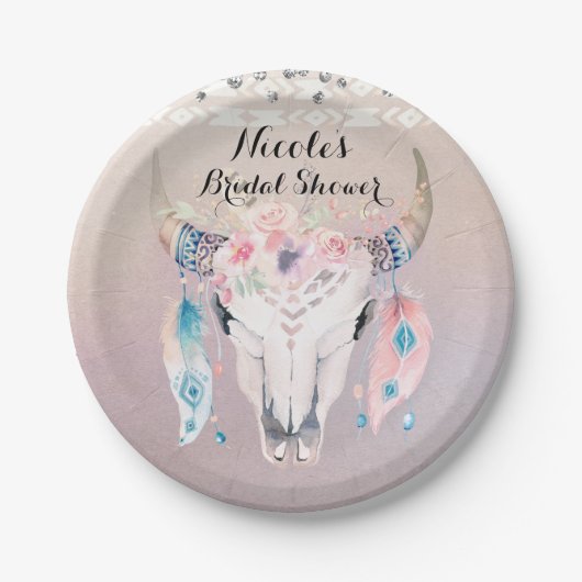 Rustieke Glam Boho Floral Koe Skull Chic Party Papieren Bordje (Voorkant)