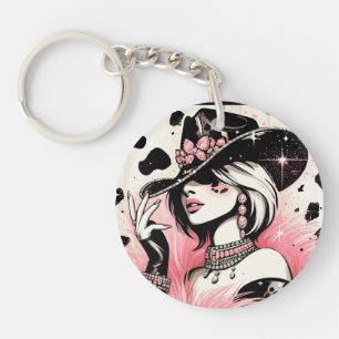 Rustieke Glam Cowgirl Roze Glitter Koehuid Print Sleutelhanger