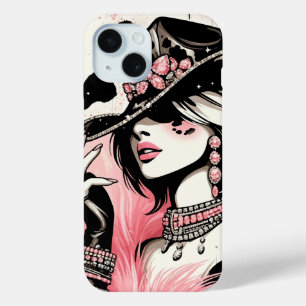 Rustieke Glam Cowgirl Roze Glitter Koehuidprint iPhone 15 Case