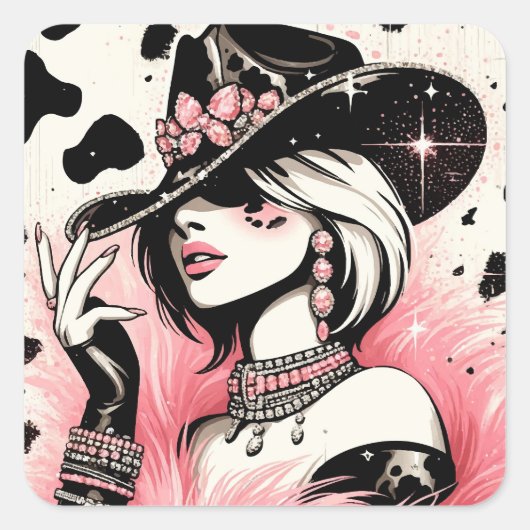 Rustieke Glam Cowgirl Roze Sparkle Koeienhuid Prin Vierkante Sticker (Voorkant)