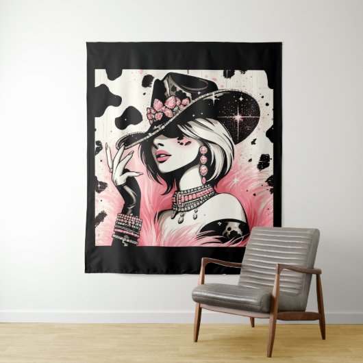 Rustieke Glam Cowgirl Roze Sparkle Koeienhuid Prin Wandkleed (In situ)