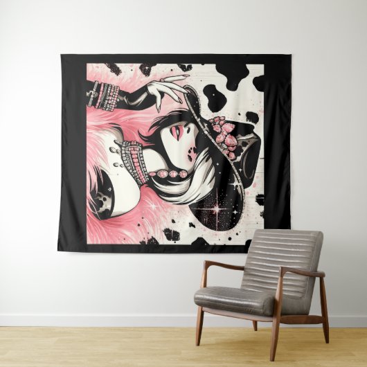 Rustieke Glam Cowgirl Roze Sparkle Koeienhuid Prin Wandkleed (In Situ (horizontaal))