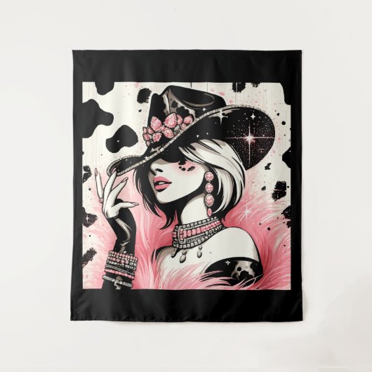 Rustieke Glam Cowgirl Roze Sparkle Koeienhuid Prin Wandkleed (Voorkant)