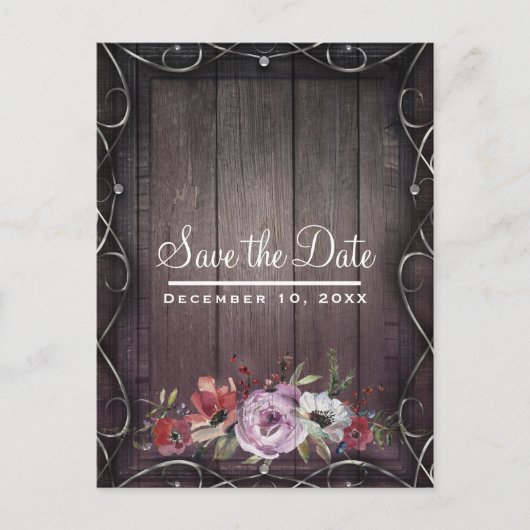 Rustieke Glamour Barn Wood Floral Save the Date Aankondigingskaart (Voorkant)