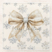 Rustieke Glitzy Cream Bows Kerstmis Glazen Onderzetter (Voorkant)