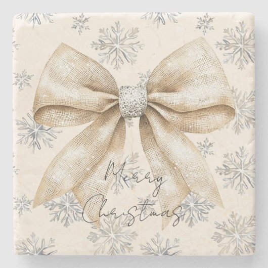 Rustieke Glitzy Cream Bows Kerstmis Stenen Onderzetter (Voorkant)