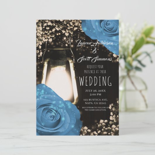 Rustieke gloed lantaarn korenbloem blauw Rozen bru Kaart (Staand voorkant)