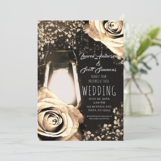 Rustieke gloed lantaarn licht gouden Rozen bruilof Kaart (Staand voorkant)