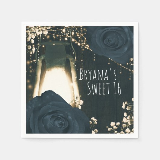 Rustieke gloed lantaarn lichtblauw zwart Rozen bru Servet (Voorkant)