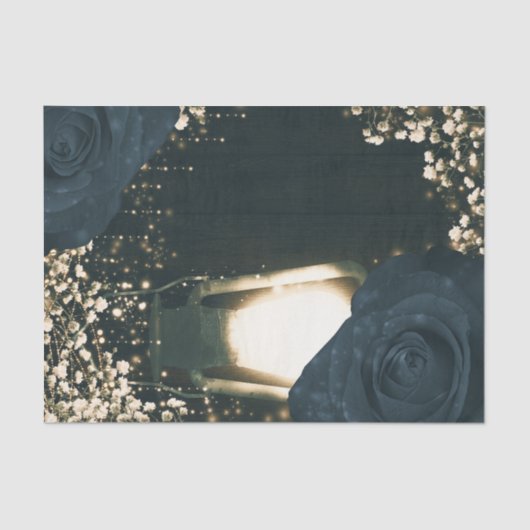 Rustieke gloed lantaarn lichtblauw zwart Rozen bru Tissuepapier (Voorkant)