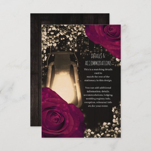 Rustieke gloed lantaarn magenta Rozen bruiloft det Informatiekaartje (Voorkant / Achterkant)