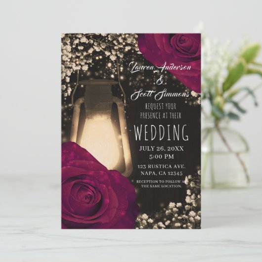Rustieke gloed lantaarn & magenta Rozen bruiloft Kaart (Staand voorkant)