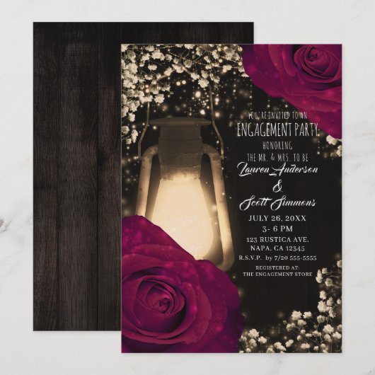 Rustieke gloed lantaarn magenta Rozen verlovingsfe Kaart (Voorkant / Achterkant)