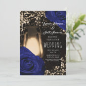 Rustieke gloed lantaarn & marineblauw Rozen bruilo Kaart (Staand voorkant)