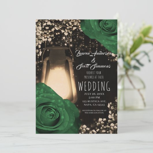 Rustieke gloed lantaarn tuin groene Rozen bruiloft Kaart (Staand voorkant)