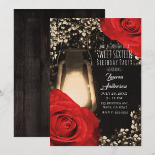 Rustieke gloedlantaarn & helderrode rozen Sweet 16 Kaart