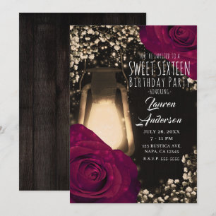Rustieke gloedlantaarn & magenta rozen Sweet 16 Kaart