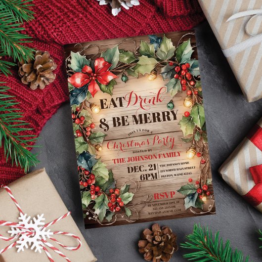 Rustieke gloeiende lichten Ivy Holly Kerstfeest Kaart