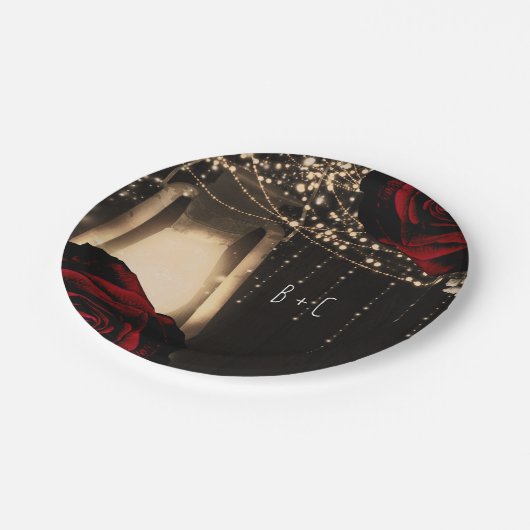 Rustieke Gloeilamp Lantaarn Donkerrode Rozen Bruil Papieren Bordje (Gekanteld)