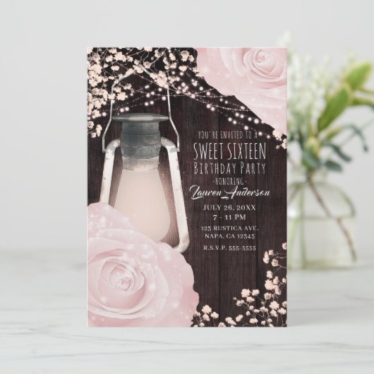 Rustieke Glow lantaarn Baby Roze Rozen Sweet 16 Kaart (Staand voorkant)