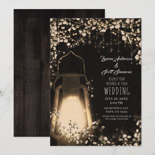 Rustieke Glow Lantaarn & Baby's Breath Bloemstuk B Kaart (Voorkant / Achterkant)