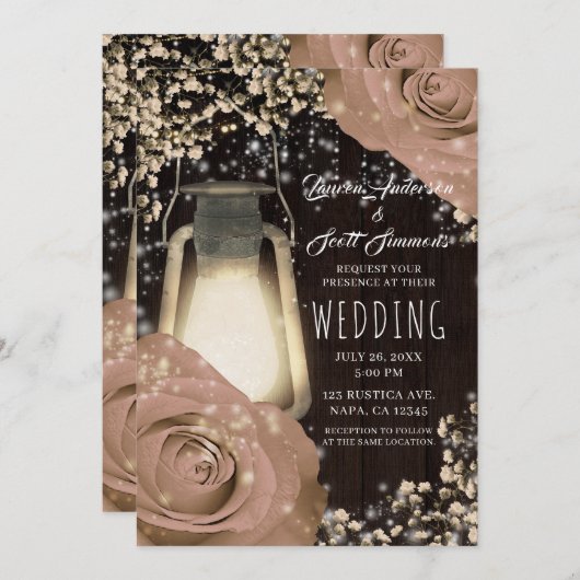 Rustieke Glow Lantaarn Beige Rozen Schuur Bruiloft Kaart (Voorkant / Achterkant)