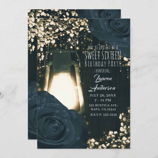 Rustieke Glow Lantaarn & Blauw Zwart Rozen Sweet 1 Kaart (Voorkant / Achterkant)