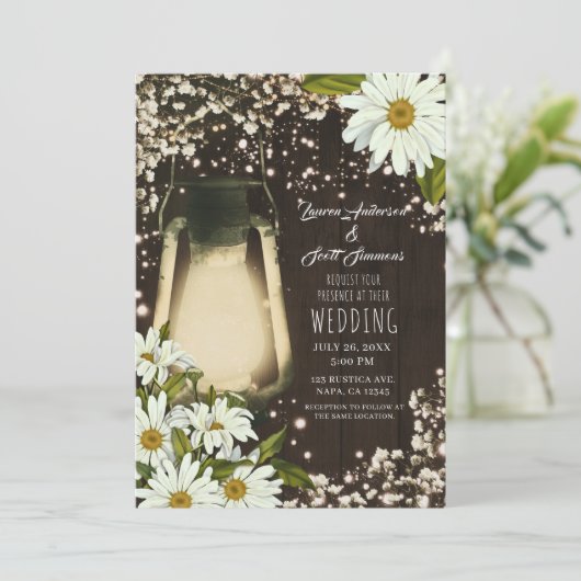 Rustieke Glow Lantaarn Daisies Baby's Breath Bruil Kaart (Staand voorkant)