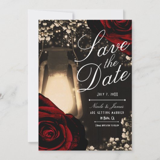 Rustieke Glow Lantaarn & Donkerrode Rozen Save the Kaart (Voorkant)