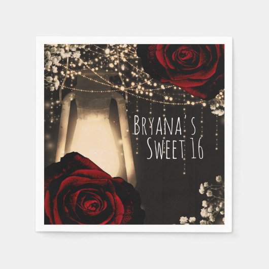 Rustieke Glow Lantaarn Donkerrode Rozen Sweet 16 G Servet (Voorkant)
