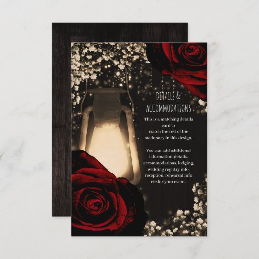 Rustieke Glow Lantaarn Donkerrode Rozen Trouwdetai Informatiekaartje (Voorkant / Achterkant)