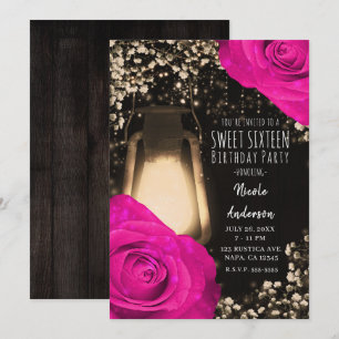 Rustieke Glow-lantaarn & Fuchsia Roze Sweet 16 Kaart