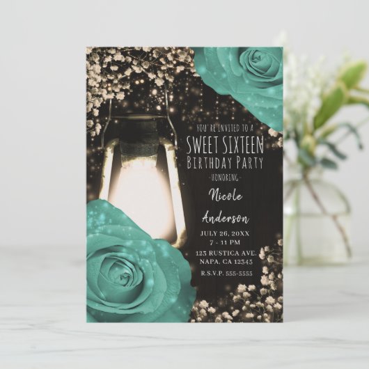 Rustieke Glow Lantaarn Mint Groene Rozen Sweet 16 Kaart (Staand voorkant)